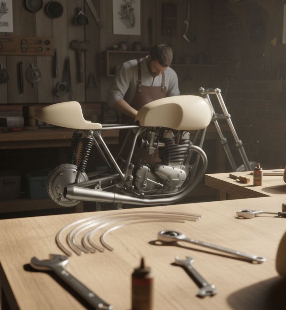 Colín en fibra ajustado sobre el chasis de una moto clásica