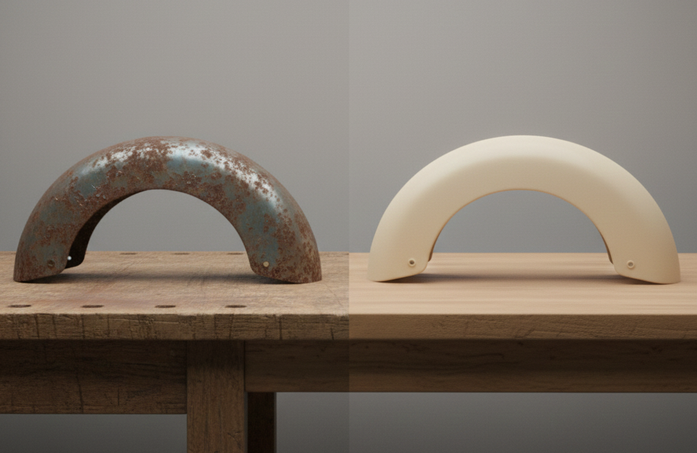 Guardabarros metálico oxidado junto a guardabarros de fibra nuevo y limpio.