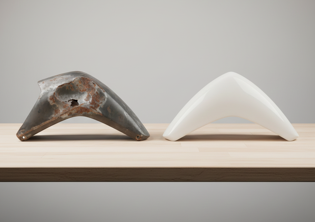 Colín deteriorado junto a colín nuevo de fibra sobre mesa de trabajo.