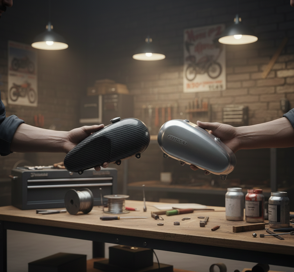 Artesano sosteniendo pieza de carbono junto a pieza metálica tradicional.