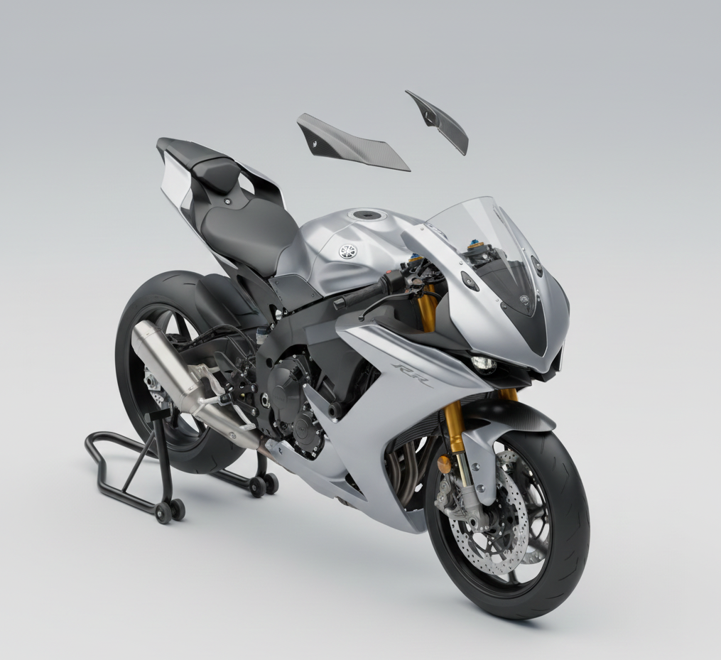 Piezas de carenado separadas alrededor de una motocicleta mostrando su estructura modular.