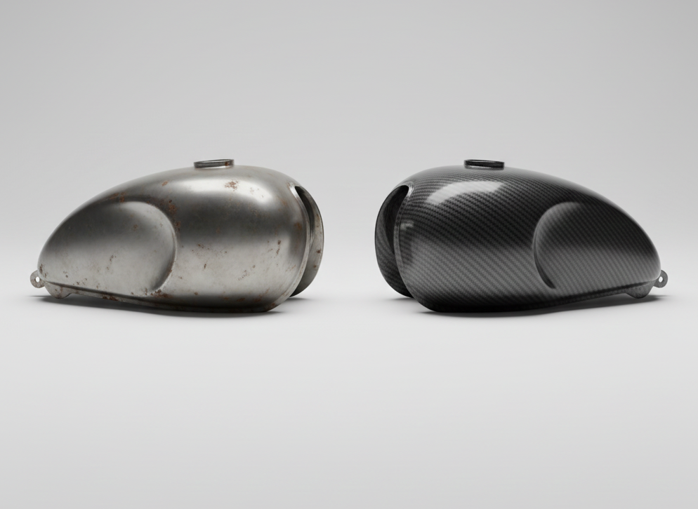 Depósitos metálico y de fibra contrastados mostrando peso y resistencia a la corrosión.