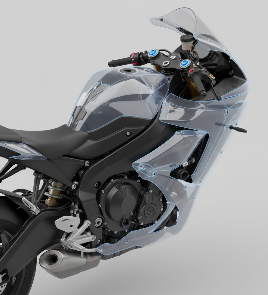 Puntos de anclaje de moto con carenado superpuesto demostrando compatibilidad.