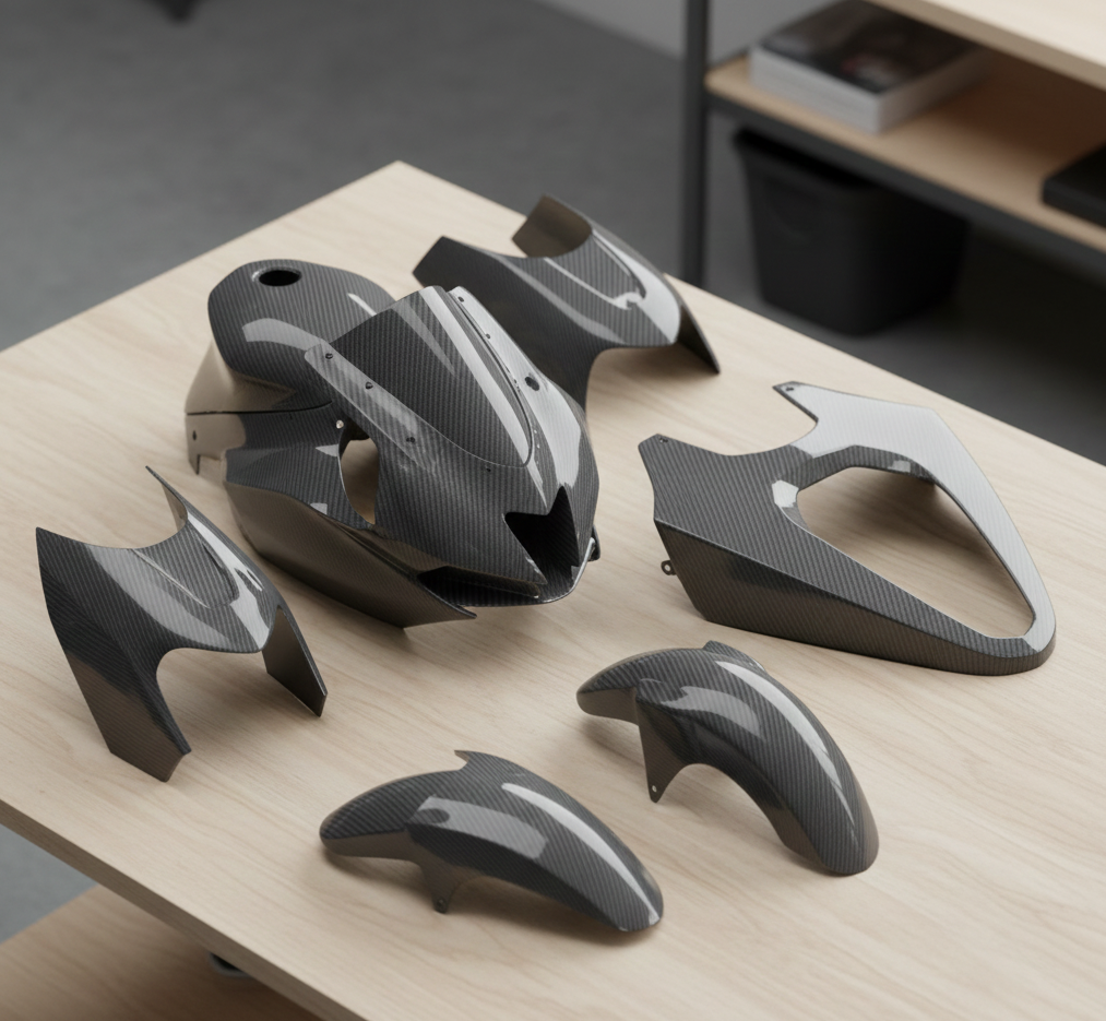 Carenados y guardabarros en fibra sobre mesa de trabajo.