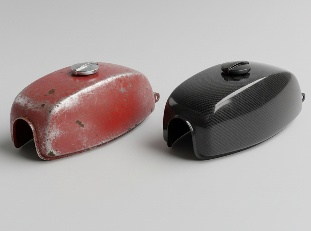 Pieza original envejecida junto a réplica nueva en fibra para moto Montesa.