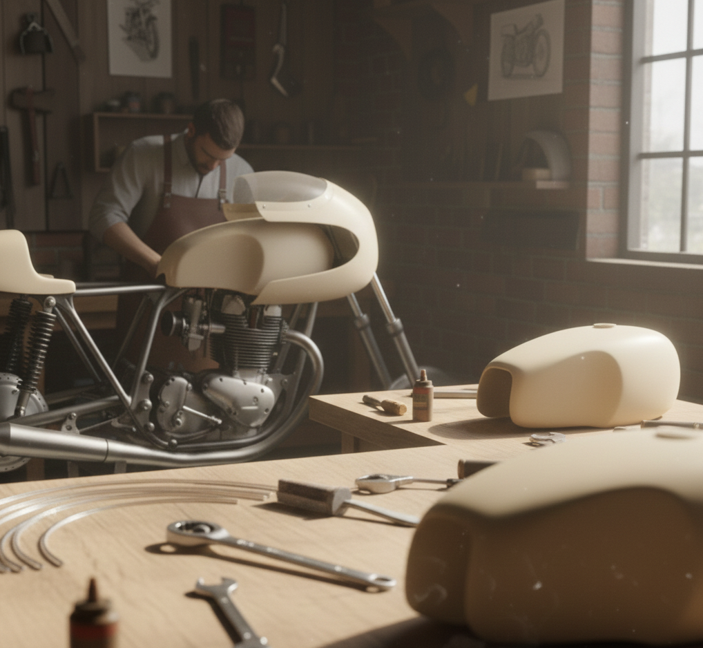 Cúpula y depósito en fibra en proceso de restauración de moto clásica