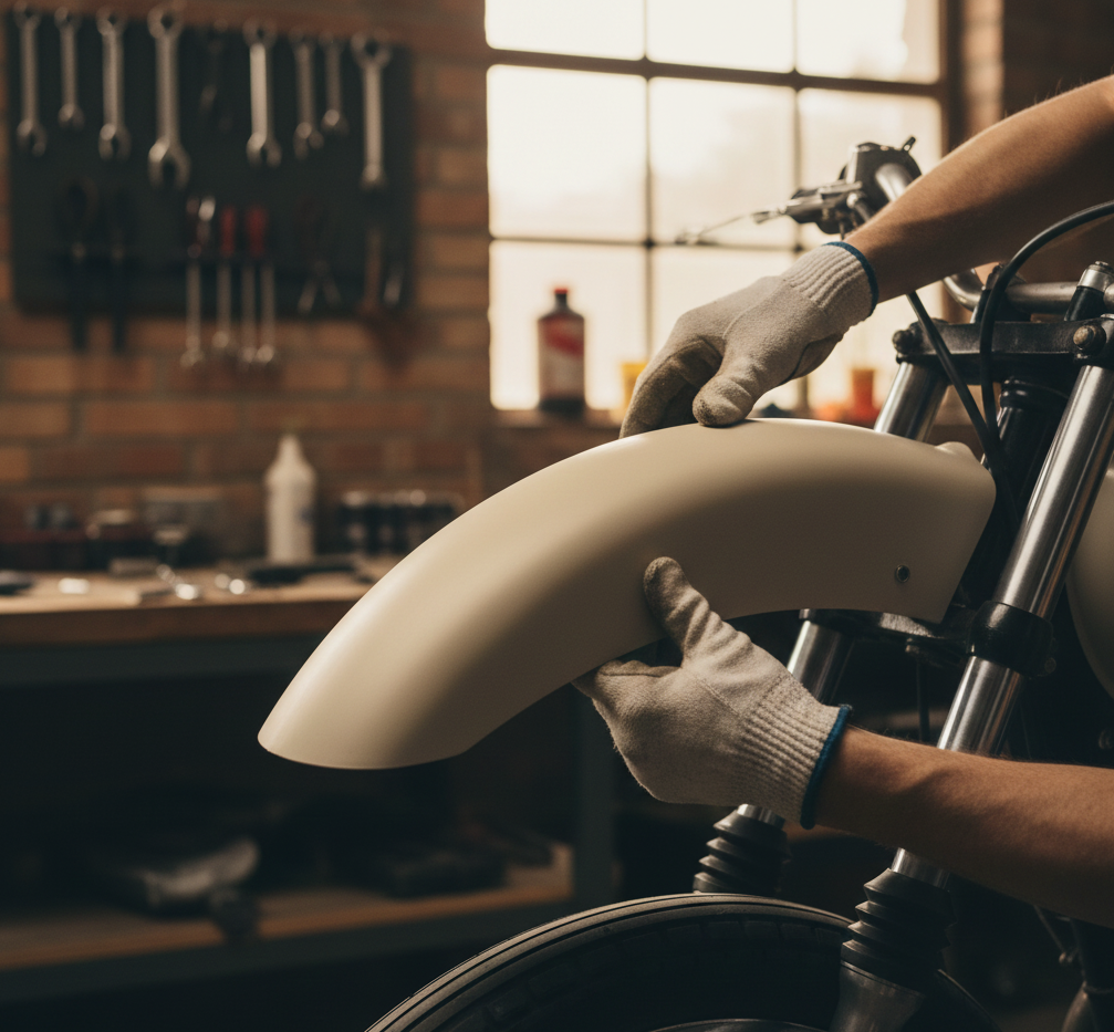 Mecánico montando un guardabarros de fibra ligero en una moto clásica.