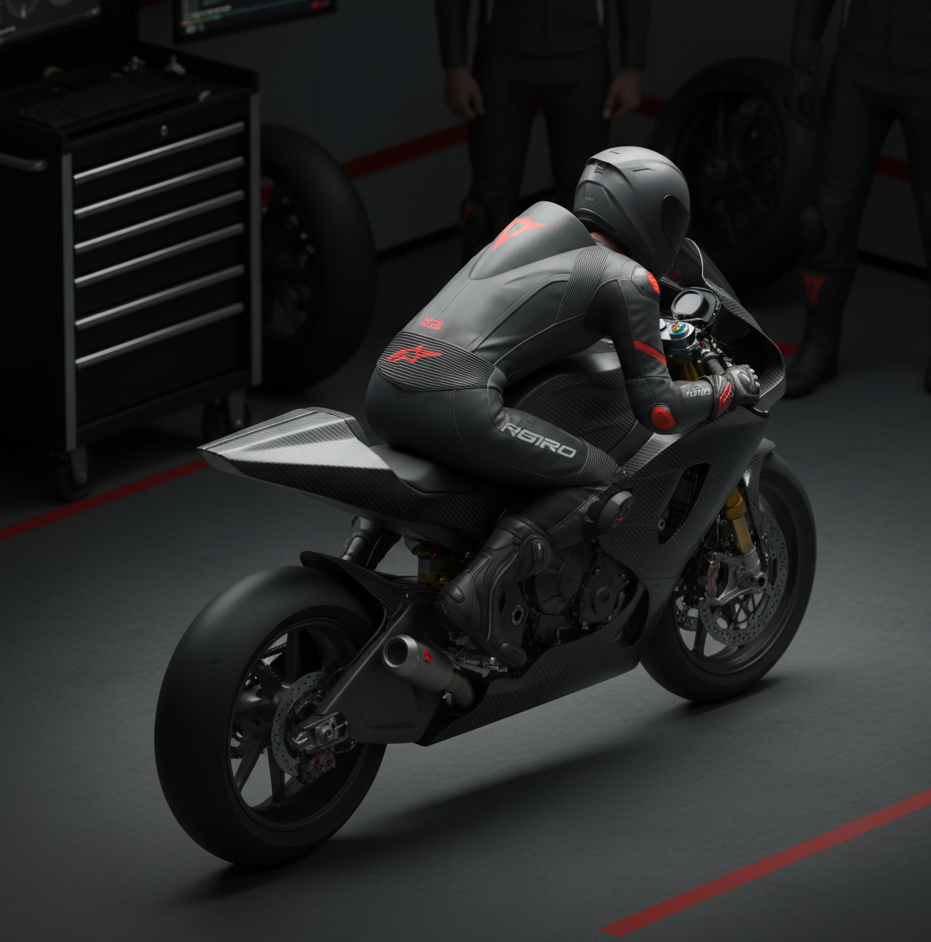 Moto racing con colín aerodinámico en box mostrando postura deportiva del piloto.