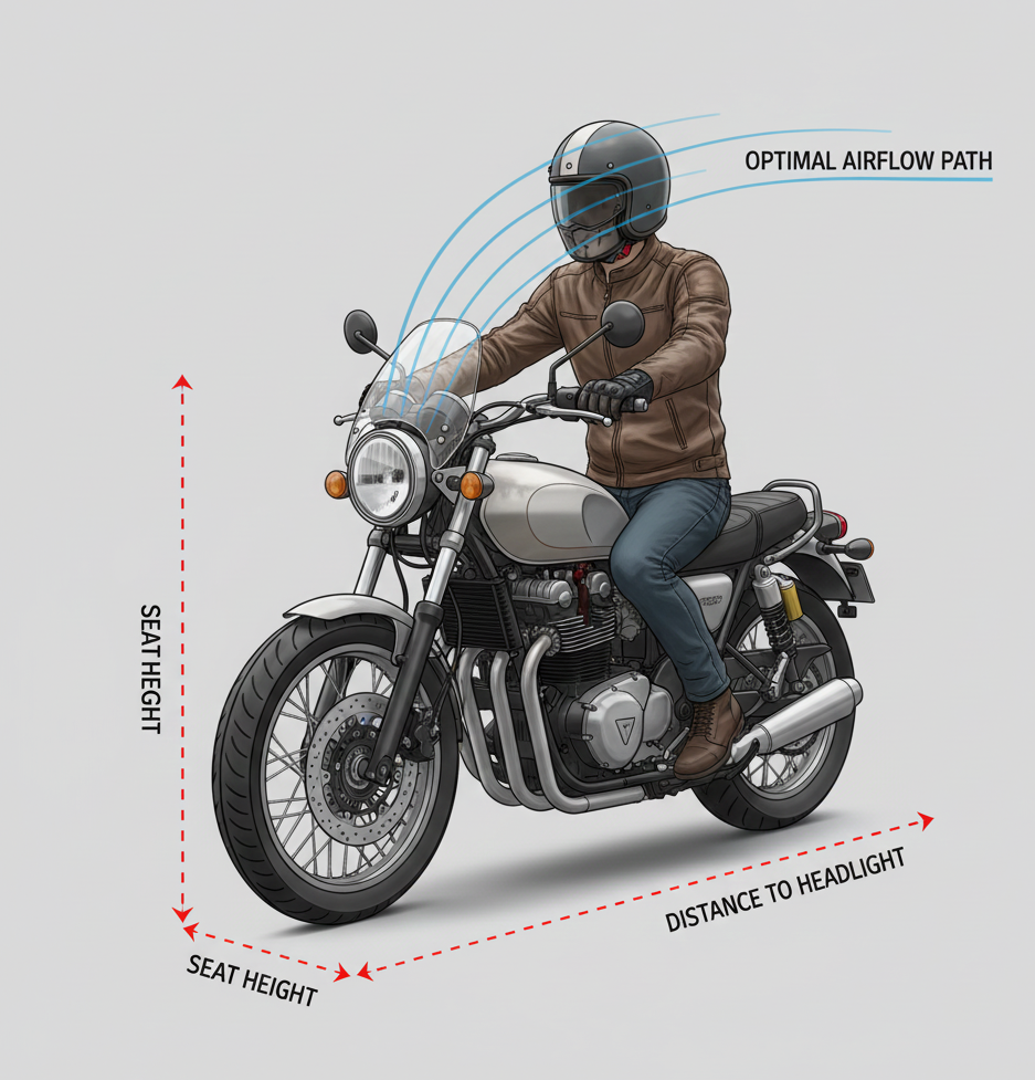 Motociclista midiendo altura y compatibilidad de una cúpula en moto naked.
