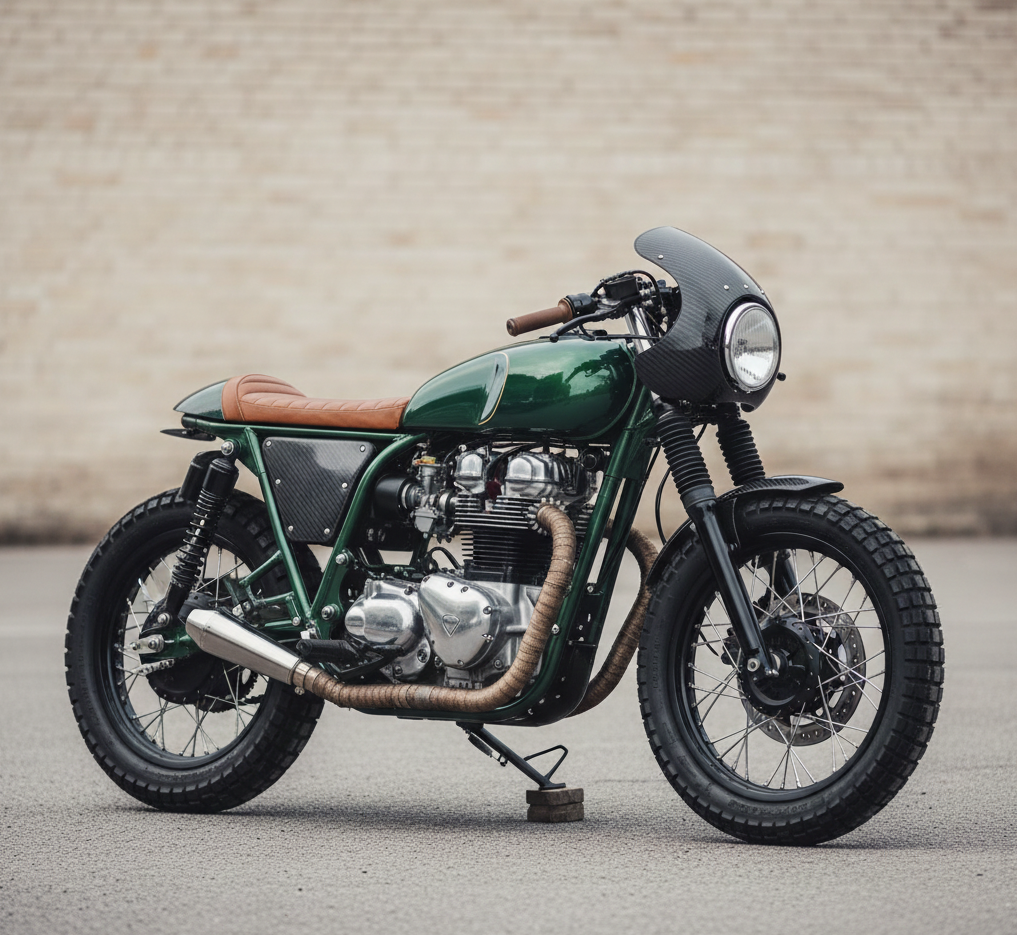 Moto clásica personalizada con detalles en carbono mate integrados en estilo retro.