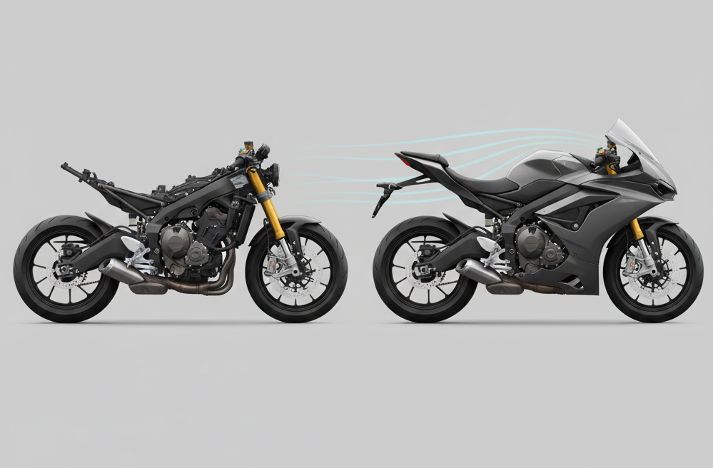 Comparación visual entre moto sin carenado y moto carenada mostrando mejor aerodinámica.