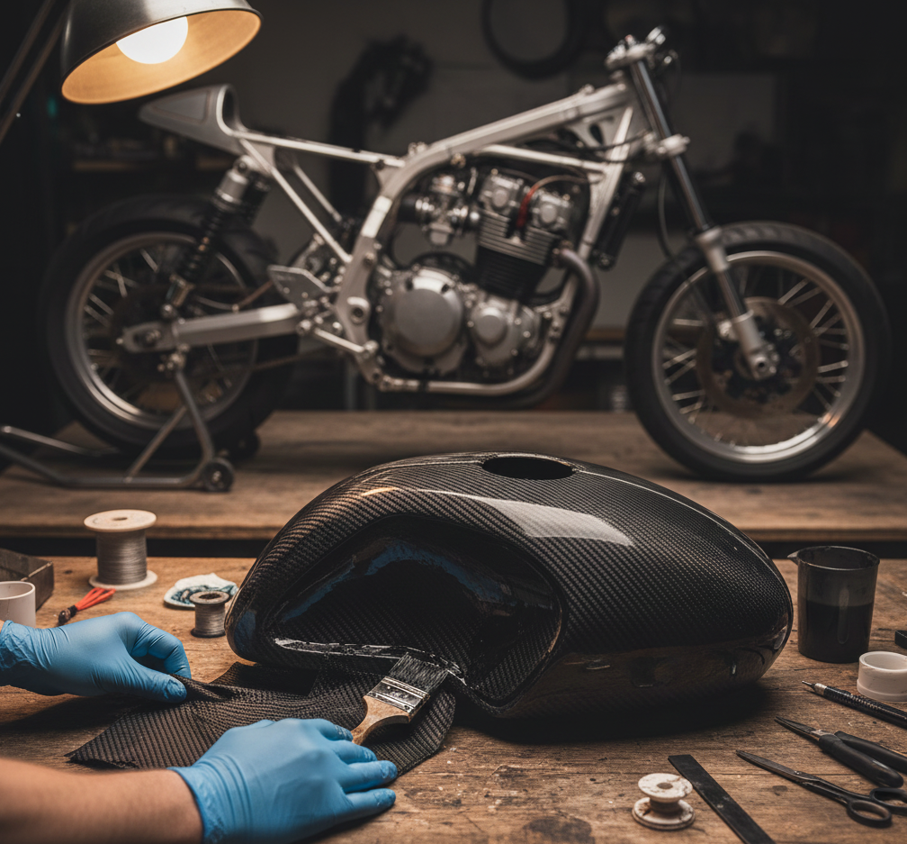 Molde de depósito en fibra siendo modelado para una personalización de motocicleta.