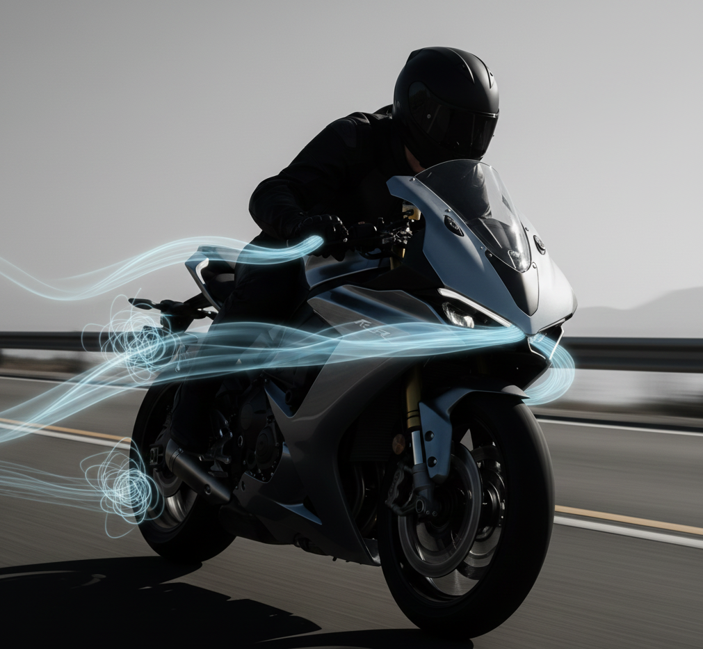 Moto en movimiento con líneas de flujo aerodinámico mostrando estabilidad del carenado.