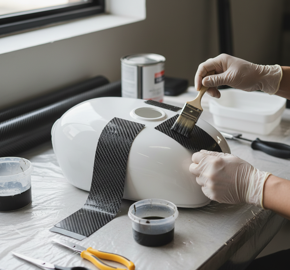 Manos aplicando fibra sobre un molde durante la fabricación artesanal de recambios.