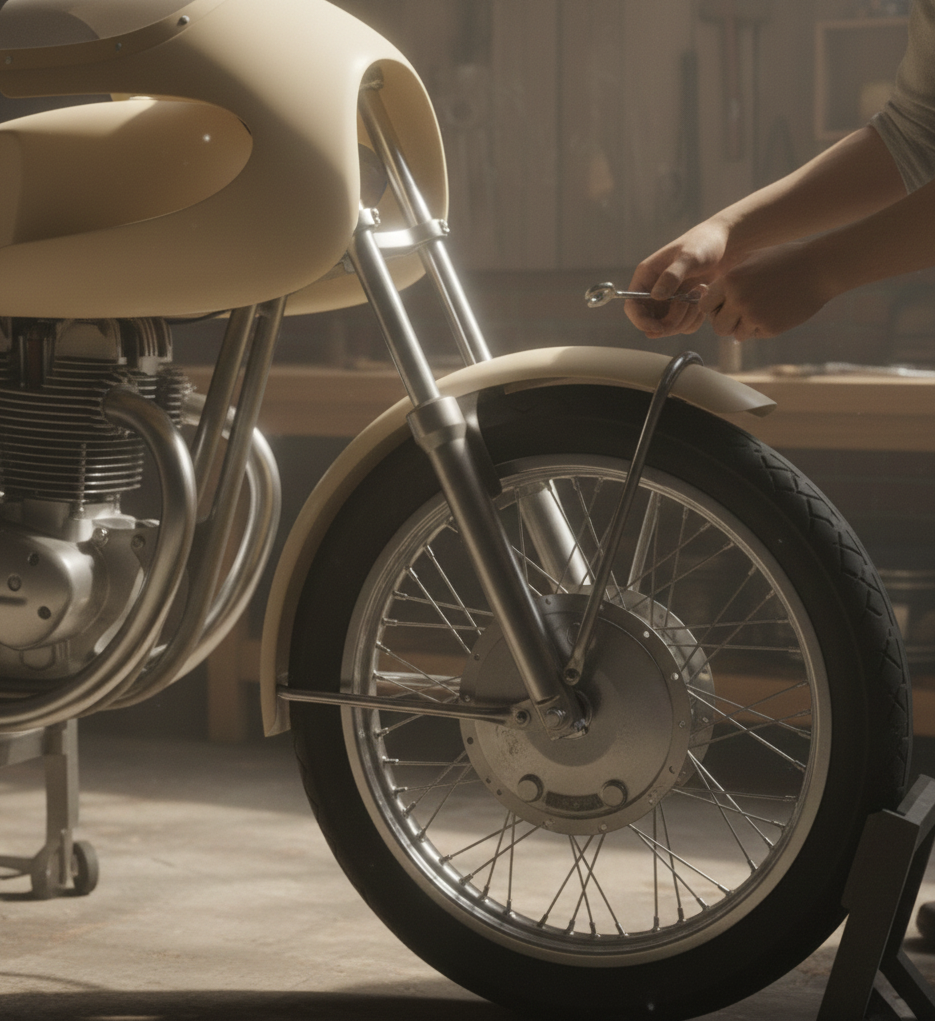 Guardabarros en fibra instalado en moto clásica durante el montaje