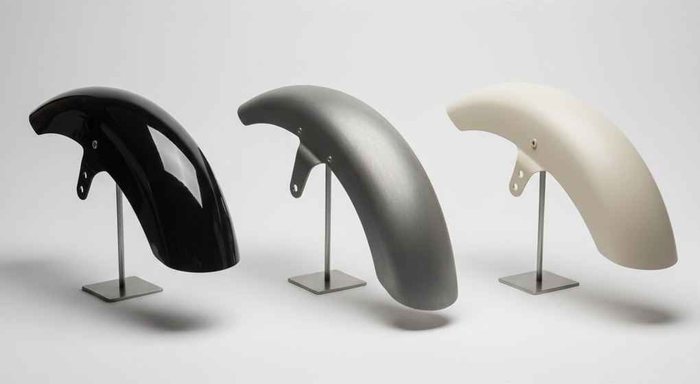 Tres guardabarros en fibra con diferentes estilos y acabados para motos antiguas.