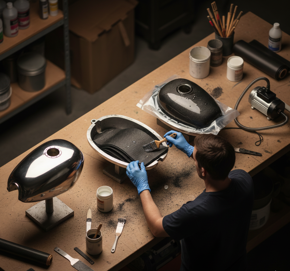 Proceso artesanal de fabricación de una pieza de carbono inspirada en un depósito clásico.