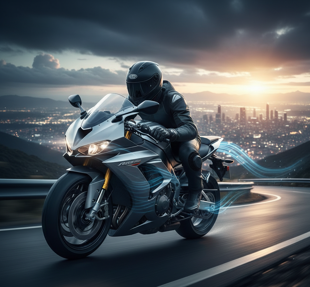 Motocicleta inclinada en curva manteniendo estabilidad gracias al carenado.