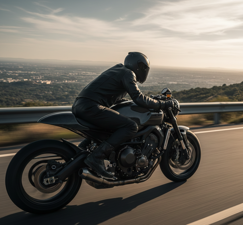 Motocicleta inclinada en curva destacando un depósito de fibra que mejora agilidad y control.