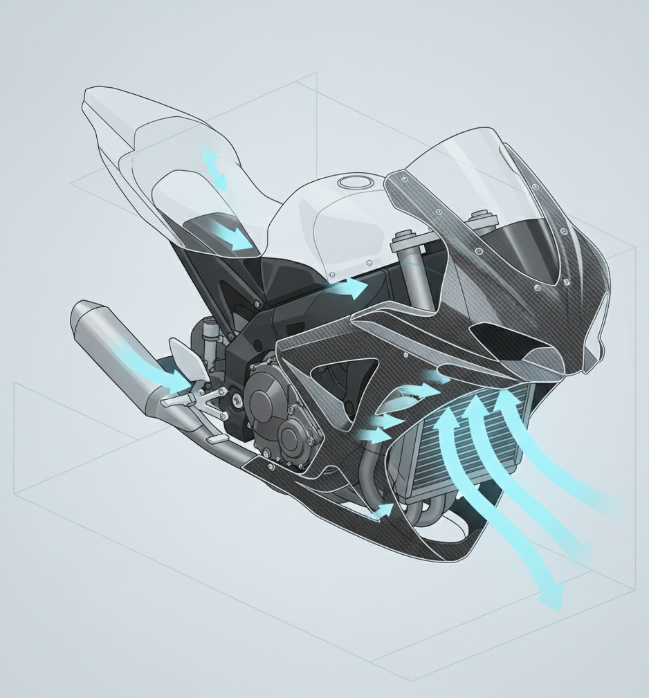 Esquema de moto mostrando cómo el carenado dirige el aire hacia el radiador para enfriar el motor.