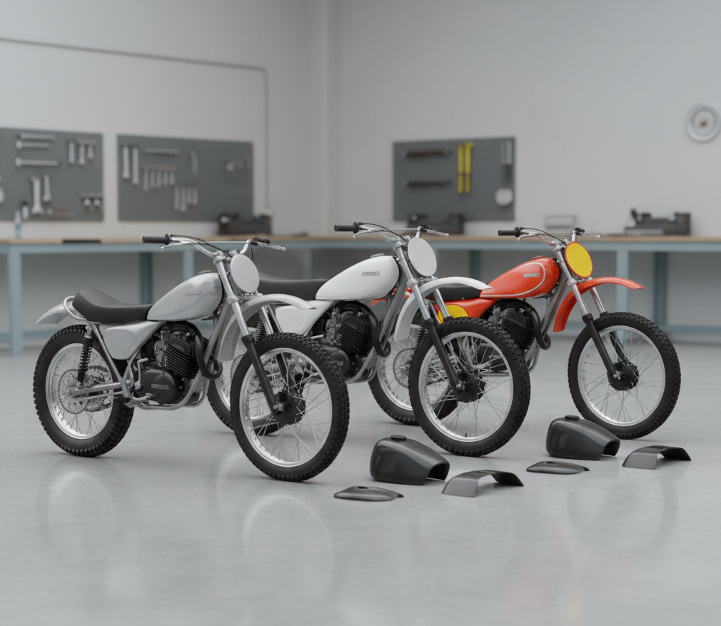 Diferentes modelos Montesa con sus recambios en fibra preparados para restauración.